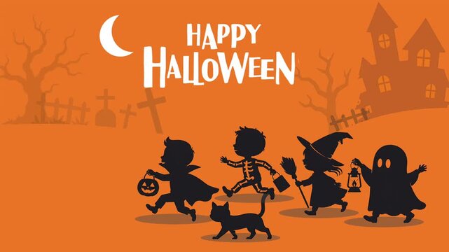 Happy Halloween Silhouette Animation with Witch, Ghost, Skeleton and Haunted Graveyard on Orange Background, Spooky Motion Graphic