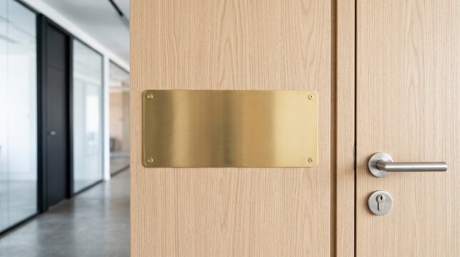 A modern wooden door with a blank brass nameplate and a silver handle with a keyhole, located in a bright office corridor.