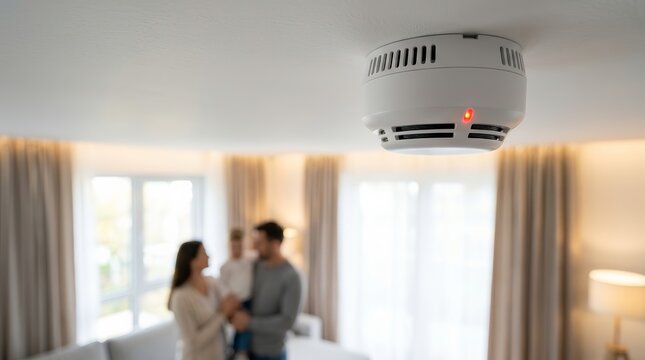 Family in a modern home apartment with a smoke detector on the ceiling, illustrating a home safety concept.