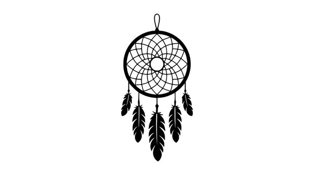 Black Dreamcatcher Silhouette with Feathers on White Background