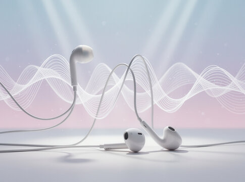 White Wired Earbuds with Abstract Sound Waves on Gradient Background