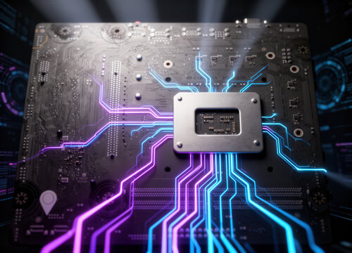 Futuristic Circuit Board with Glowing Blue and Purple Data Lines