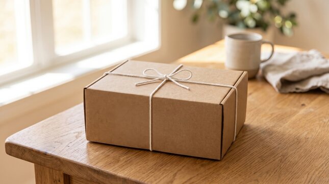 A neatly wrapped brown cardboard box tied with string sits on a wooden table near a sunlit window with a mug and cloth in the background.