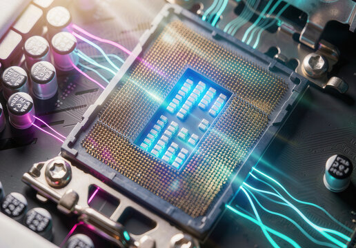 Computer CPU socket with glowing blue light and colorful data lines