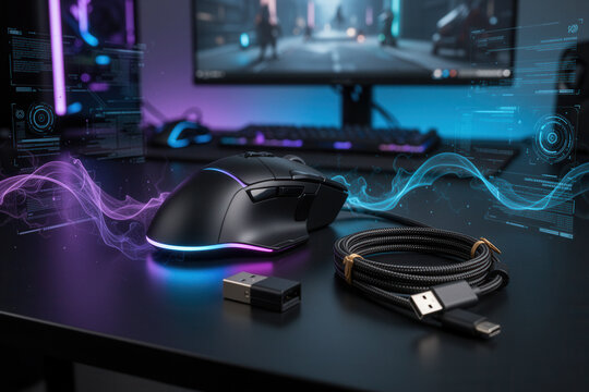 Modern Gaming Setup with RGB Mouse and Futuristic Interface Display