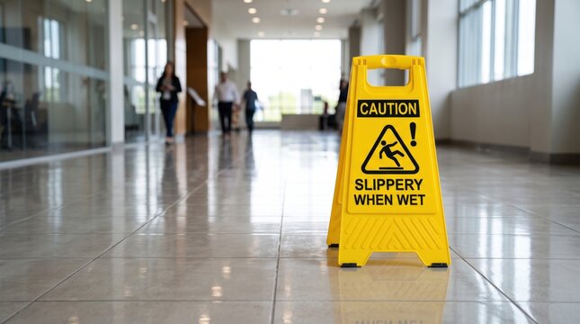Yellow caution sign warns of slippery floor in a bright, clean hallway with people walking in the background.