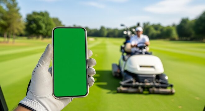 Golfer hand holding smartphone with chroma key green screen on golf course with lawn mower worker in background, lifestyle photography
