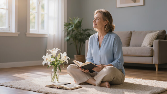 Serene woman health menopause reading book in sunlit living room peaceful reflection