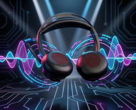 Futuristic Headphones with Digital Sound Waves and Circuit Board Background