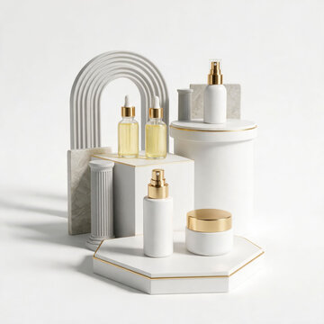 Luxury skincare product set with dropper serum bottles, spray pump and cream jar on white geometric podiums with gold accents