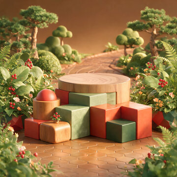 3D wooden product display podium with colorful geometric blocks surrounded by lush garden greenery and flowers
