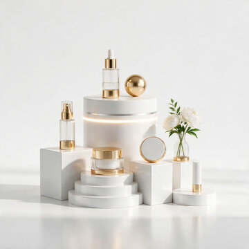 Luxury skincare cosmetic product set with gold accents displayed on white geometric podiums with white flowers