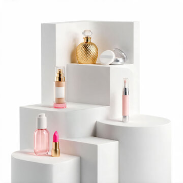 Luxury beauty cosmetics collection displayed on white geometric pedestals including perfume bottle lipstick serum and powder compact