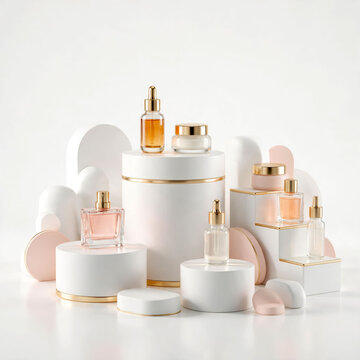 Luxury skincare and beauty product collection arranged on white and pink geometric podiums with gold accents