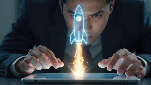 Startup rocket launch hologram rising from tablet in businessman hands, symbolizing business growth, innovation strategy, digital transformation, project success and technology development concept.