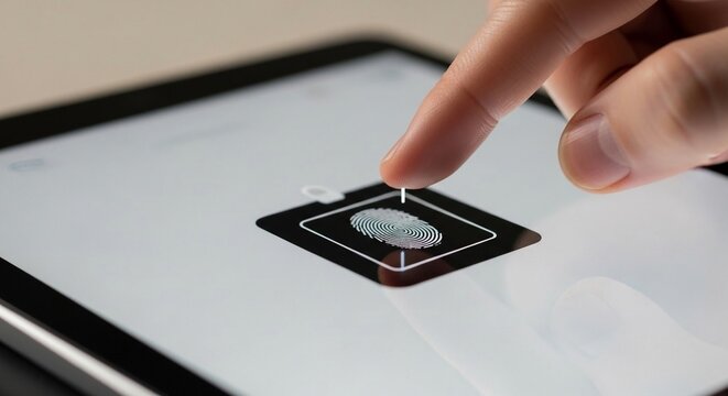 Close-up of a finger scanning a biometric fingerprint reader on a digital device for secure access and authentication.