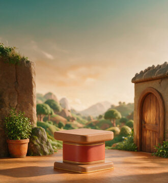 3D rendered product display podium with terracotta and gold details in a fantasy village outdoor scene