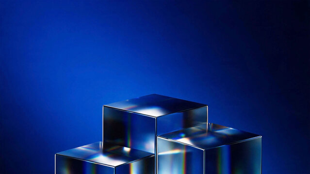 Three glass crystal cubes podium stacked in staircase formation on deep blue gradient background with chromatic light reflections
