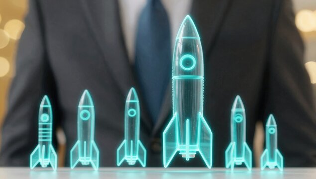 Startup rocket launch hologram rising from tablet in businessman hands, symbolizing business growth, innovation strategy, digital transformation, project success and technology development concept.