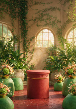A red cylindrical podium sits on a rustic-style terrace near the house wall, door, and window, creating a natural summer garden atmosphere and beautiful home decor.