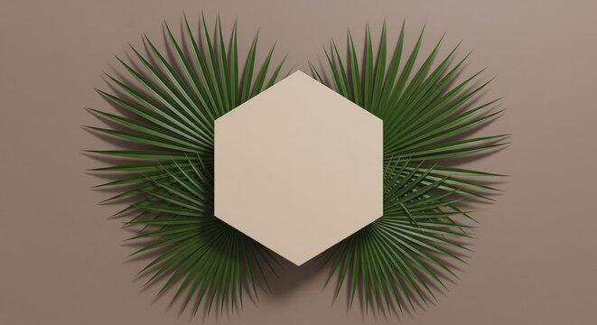 Hexagon podium display with green tropical palm leaves on a beige background for product presentation and minimalist advertising design