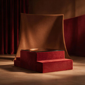 A luxurious red velvet podium, ideal for high-end jewelry and premium products, set against a velvet curtain backdrop.