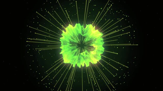 Glowing neon green particle energy waves expanding outward in a powerful circular motion within dark digital space creating mesmerizing visual effects for modern motion graphics animation projects tha