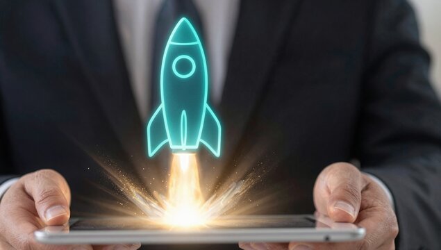 Startup rocket launch hologram rising from tablet in businessman hands, symbolizing business growth, innovation strategy, digital transformation, project success and technology development concept.