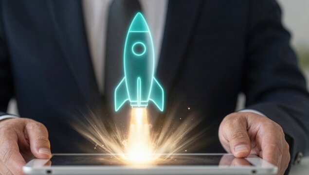 Startup rocket launch hologram rising from tablet in businessman hands, symbolizing business growth, innovation strategy, digital transformation, project success and technology development concept.