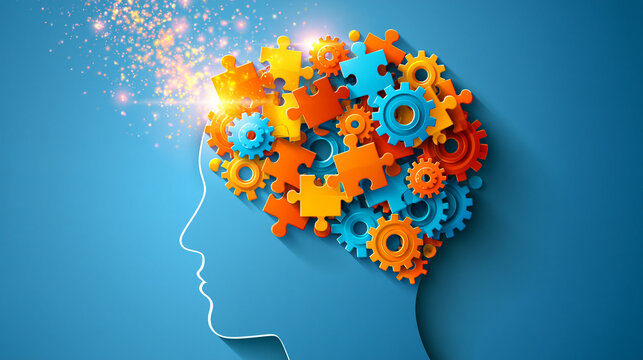 Vibrant flat design illustration of puzzle pieces and gears representing critical thinking on a bright clean well lit background problem solving concept education creativity