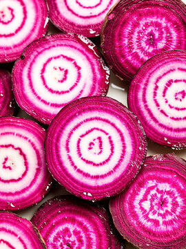Pattern of fresh beetroot slices with concentric rings
