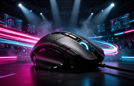 Futuristic Gaming Mouse with Neon Lights in an eSports Arena