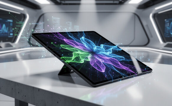 Modern Digital Tablet Displaying Abstract Glowing Data in Futuristic Lab