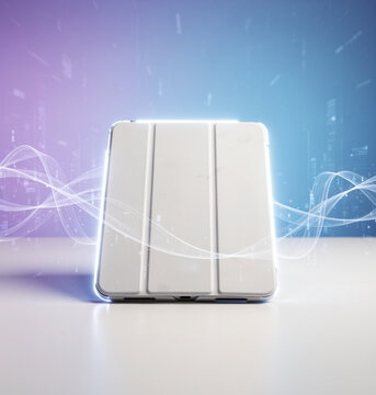Sleek tablet device glowing with digital waves in vibrant space