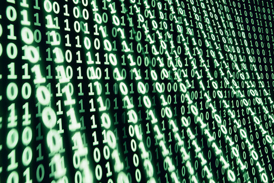 Green binary code stream flowing diagonally on black background