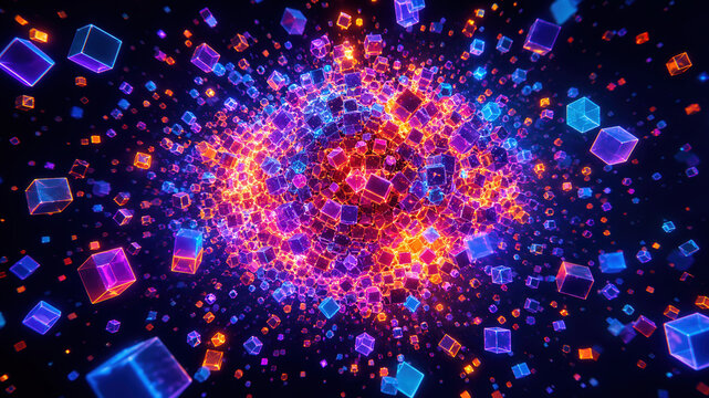 Neon cube abstract digital background energy explosion glowing fractal particle vortex Neon cube abstract digital background energy explosion