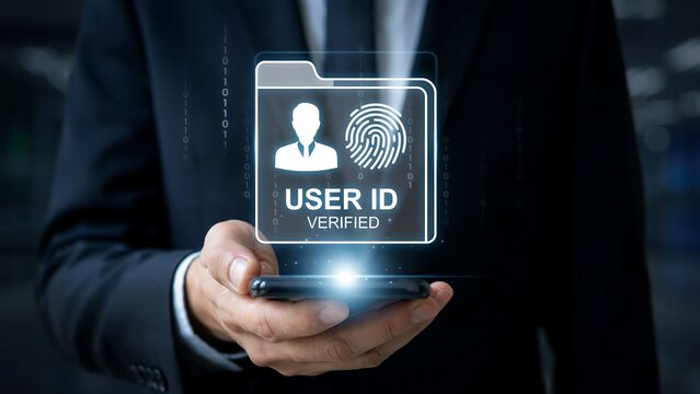 Businessman Holding Smartphone with Digital User ID Verification and Biometric Fingerprint Security Hologram