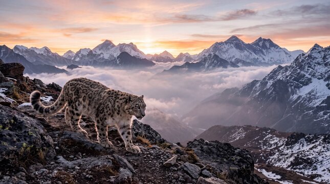 Snow leopard walking on rocky mountain ridge, wild leopard in snowy peaks at sunset, majestic feline in high altitude landscape