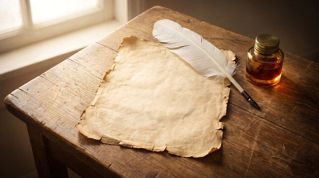 Parchment paper with white feather quill and ink pot on rustic wooden table background surface