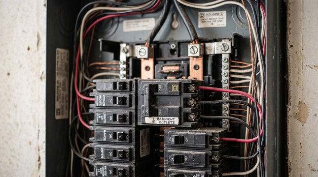 Close-up view of an open electrical circuit breaker panel with complex wiring for residential power distribution
