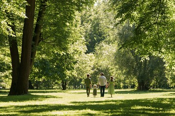 Fototapeta premium Family walking hand in hand through a lush green park in Central Europe, surrounded by tall trees and vibrant foliage, enjoying a sunny day outdoors