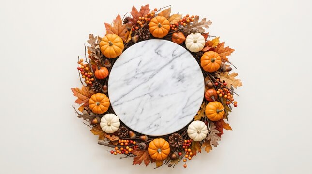 A festive fall wreath decorated with small pumpkins, autumn leaves, berries, and acorns surrounds a round marble centerpiece.