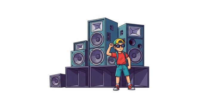 Young DJ Poses with Large Speaker Stack at Outdoor Festival or Party