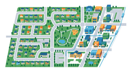 Fototapeta premium Isometric City Map Illustration with Residential and Commercial Districts