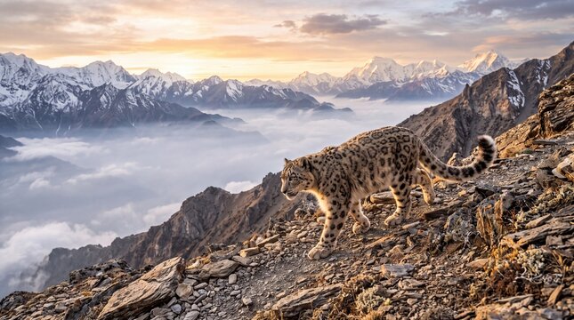 Snow leopard prowling on rocky mountain ridge, majestic wild cat in snowy Himalayan landscape, elusive feline predator at sunset