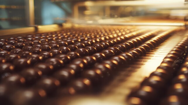 Chocolate balls on conveyor in candy production line