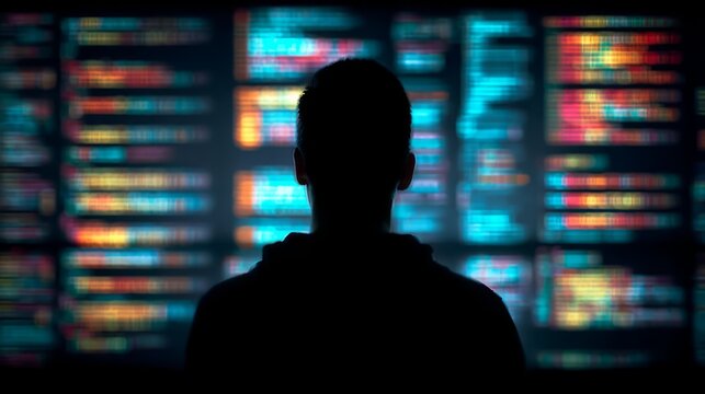 Software developer coding on dual monitors at night