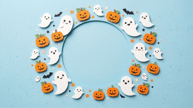 A Halloween-themed wreath made of smiling ghosts, carved pumpkins, bats, and stars arranged in a circular pattern on a light blue background.