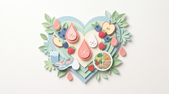 A colorful paper art heart features healthy foods, water drops, leaves, and birds symbolizing wellness and balance.