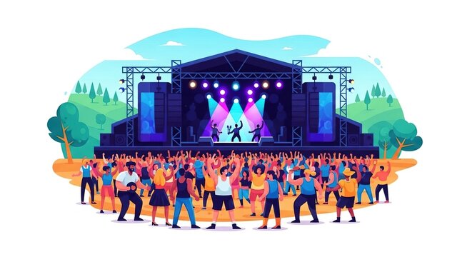 Vibrant Outdoor Music Festival Crowd Dancing to Live Band on Stage with Colorful Lights
